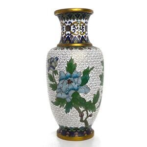 Vintage Chinese Cloisone Chrysanthemum Brass Enamel Floral Vase 8.25 Inches Tall
